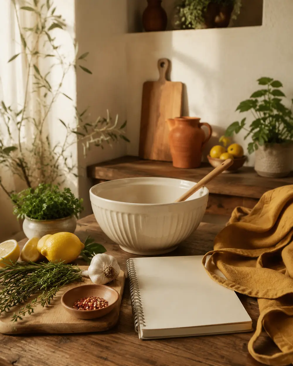 Warm kitchen scene with chicken, herbs and ingredients