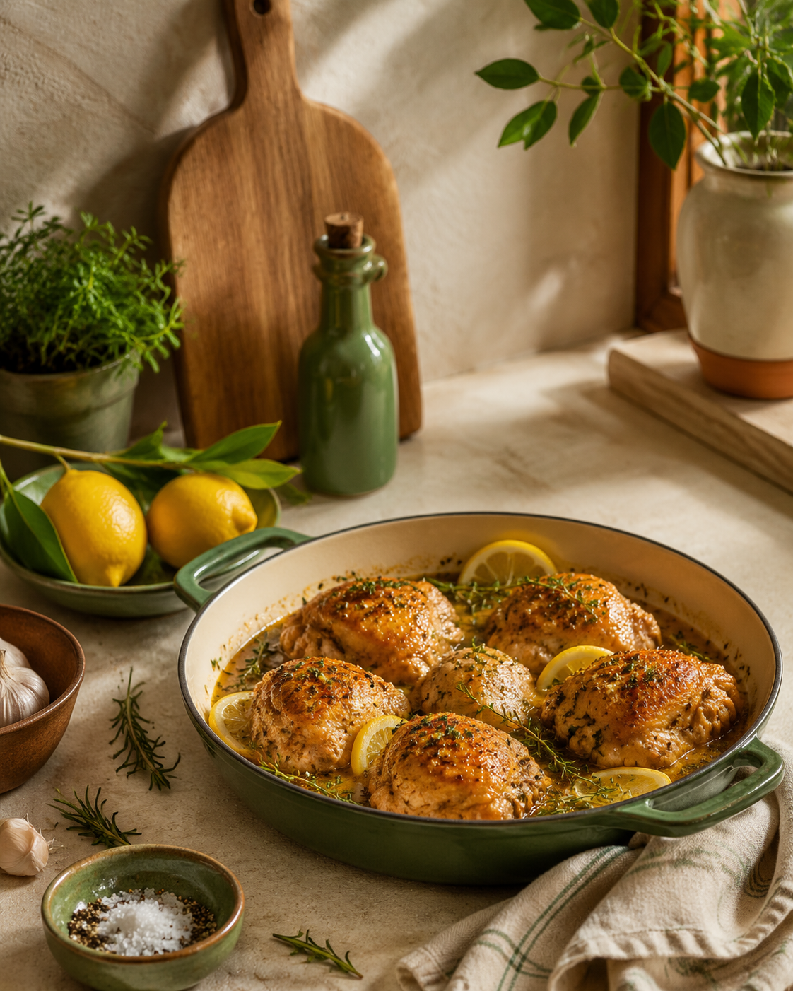 Warm kitchen scene with golden chicken, lemons and fresh herbs