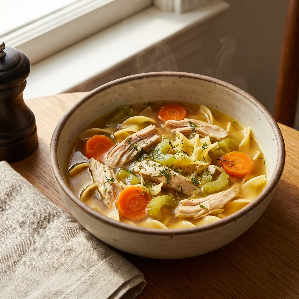 Roasted chicken noodle soup with egg noodles, carrots, celery, dill, and golden broth
