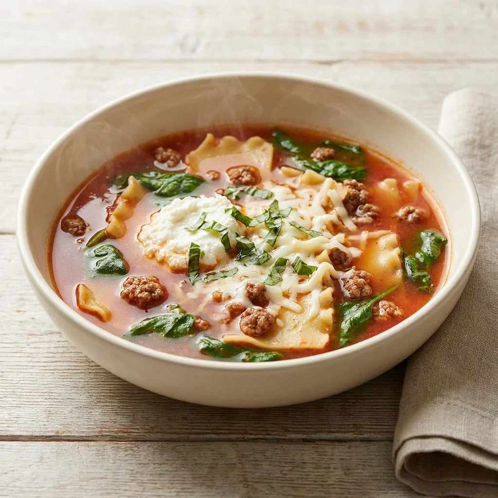 Lasagna Soup with Rich Tomato Broth and Creamy Ricotta