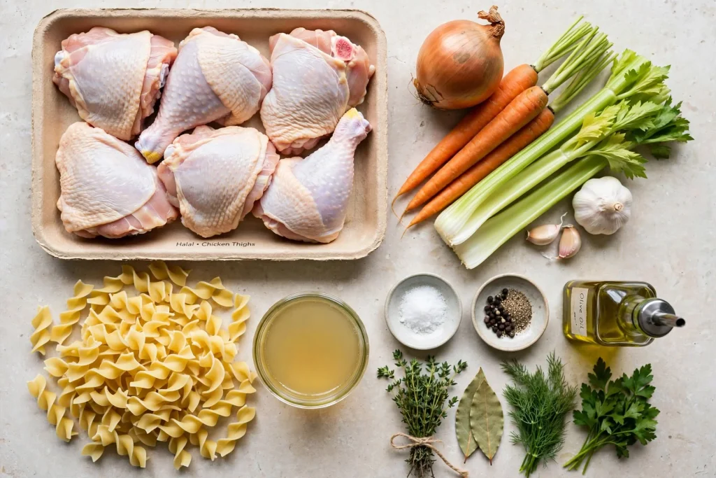 Ingredients for roasted chicken noodle soup arranged on a kitchen worktop