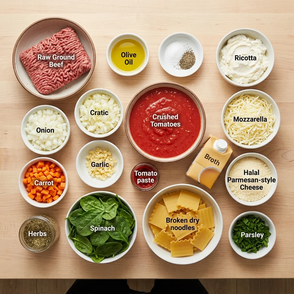 Measured beef, tomatoes, vegetables, lasagna noodles, and cheeses for a halal soup recipe.