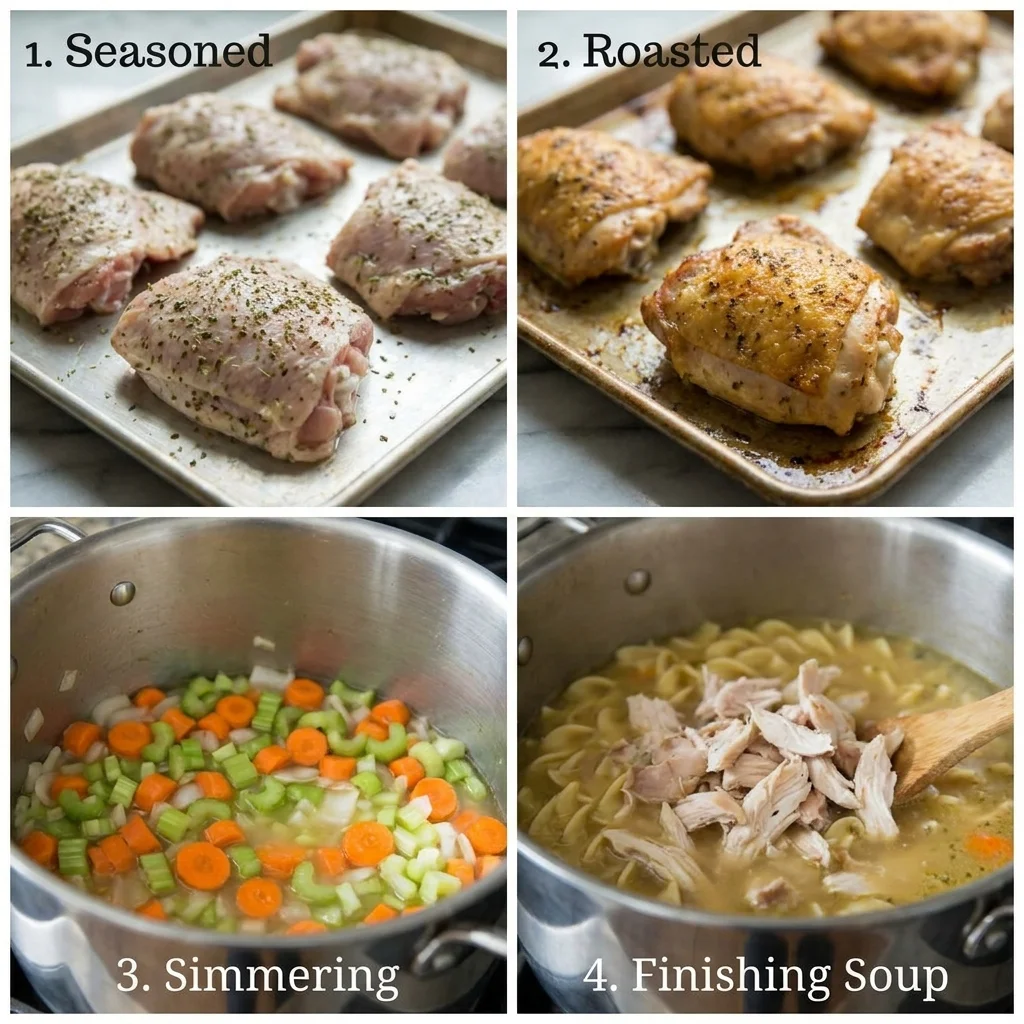 Four cooking stages from roasting chicken thighs to finishing chicken noodle soup