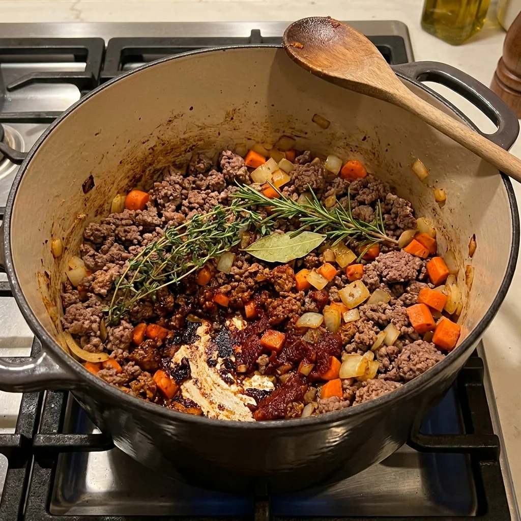 Browned halal ground beef with vegetables and tomato paste in a soup pot