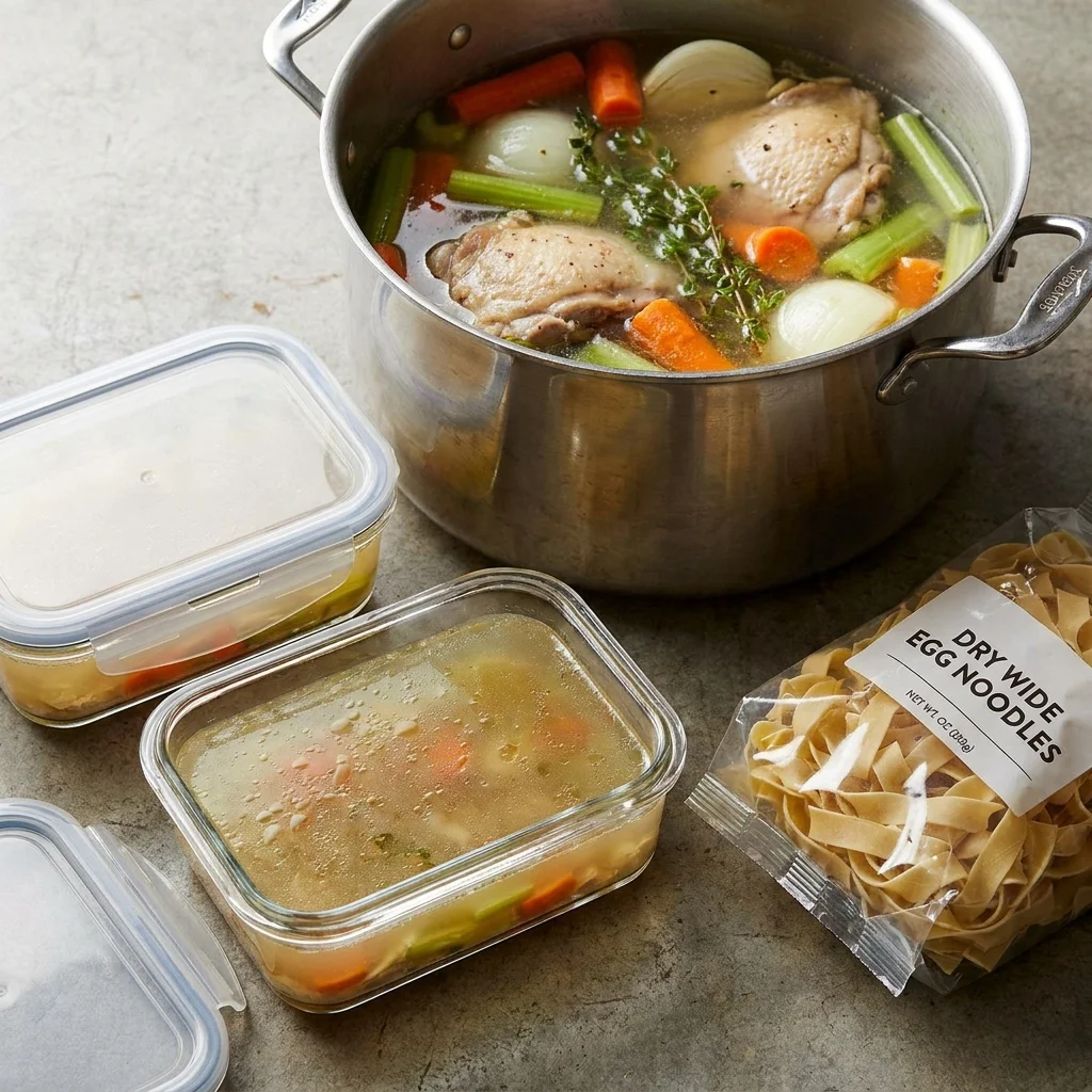 Noodle-free chicken soup base portioned into shallow containers for storage