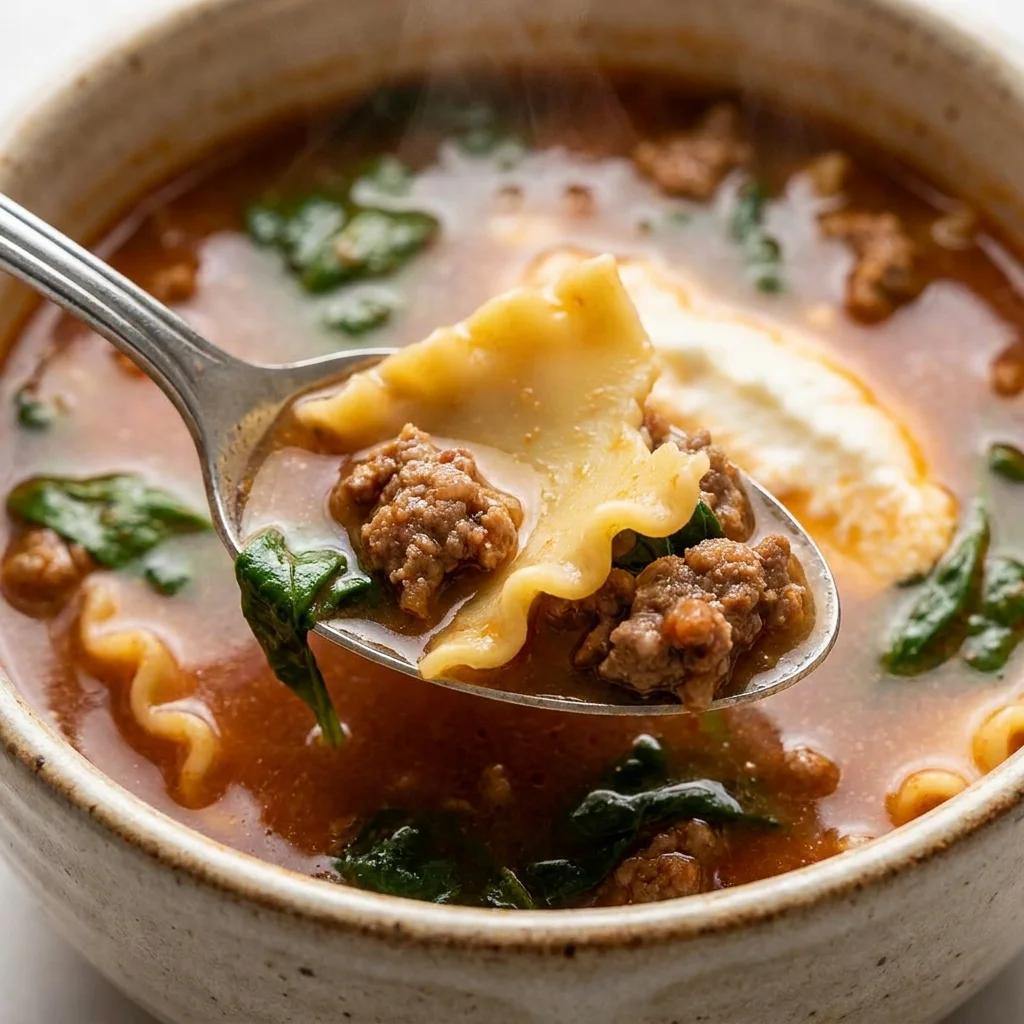 Spoonful of tomato broth, tender beef, spinach, and a broken lasagna noodle