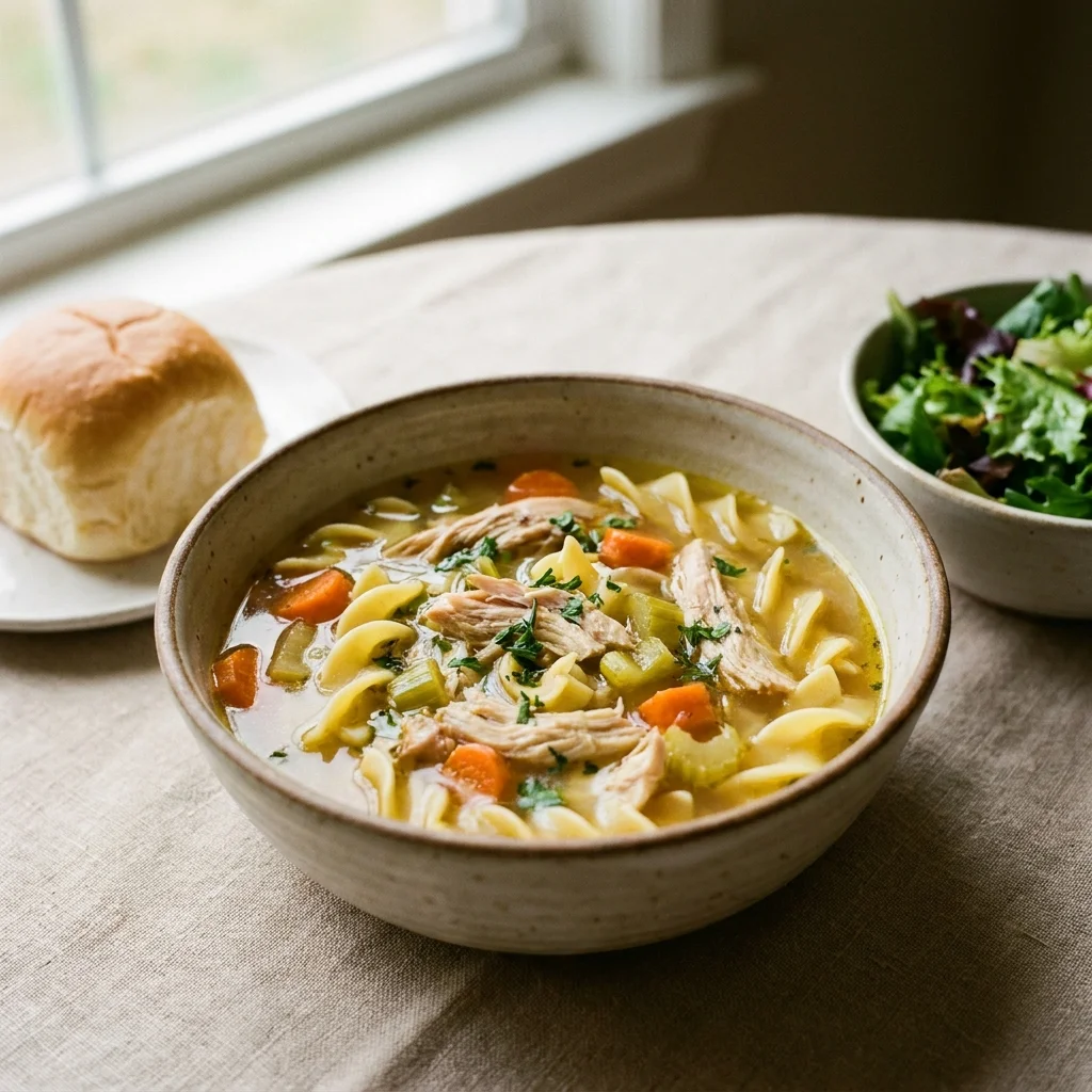 Chicken noodle soup served with a soft dinner roll and simple green salad