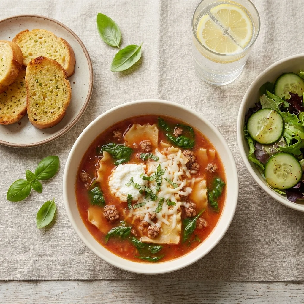 Lasagna soup served with garlic bread, green salad, basil, and lemon water