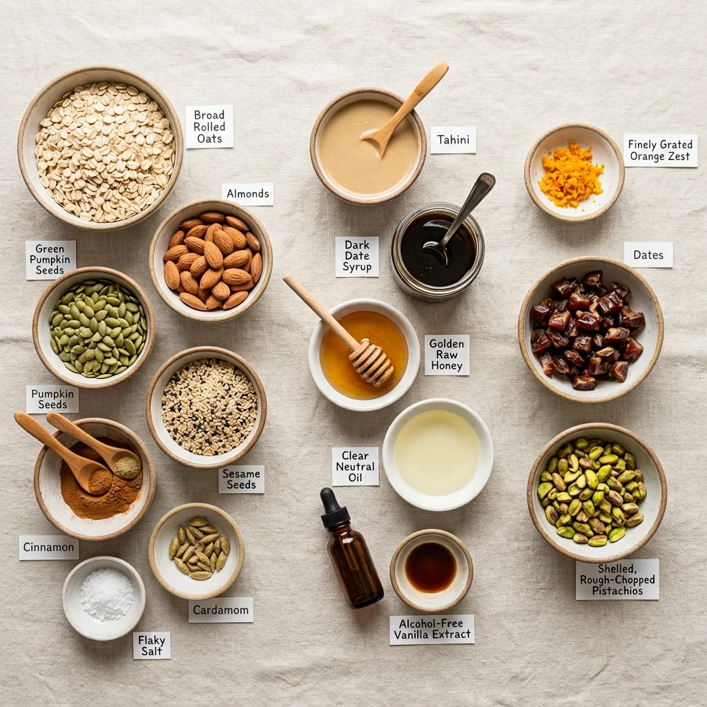 Measured oats, tahini, orange, dates, nuts, seeds, and spices for homemade granola