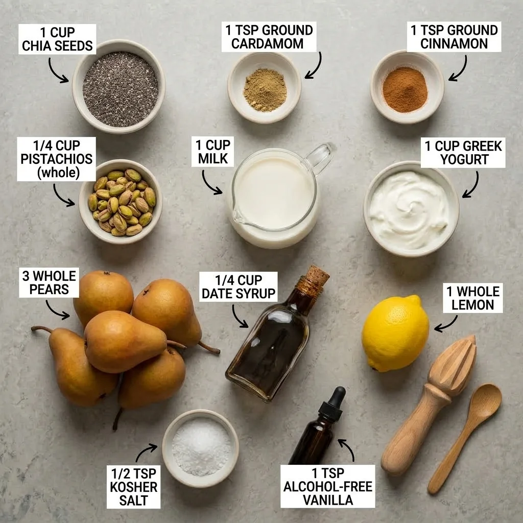 Ingredients for cardamom pear chia pudding arranged on a kitchen surface
