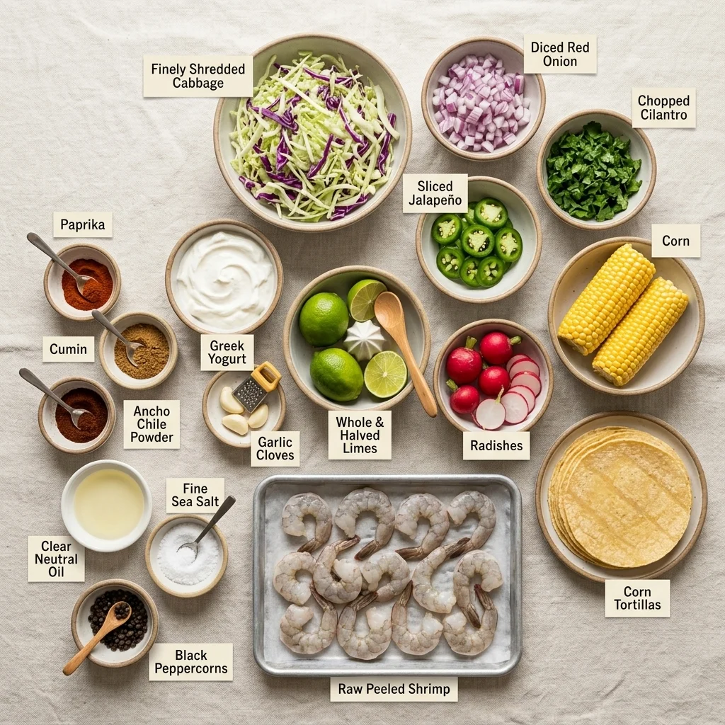  Raw shrimp, corn tortillas, cabbage, avocado, lime, vegetables, and taco spices