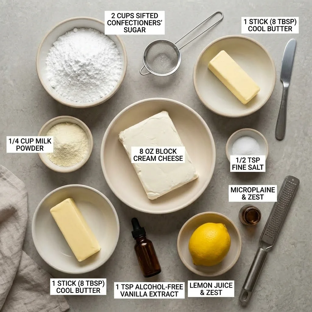 Block cream cheese, butter, sugar, milk powder, lemon zest, salt, and alcohol-free vanilla