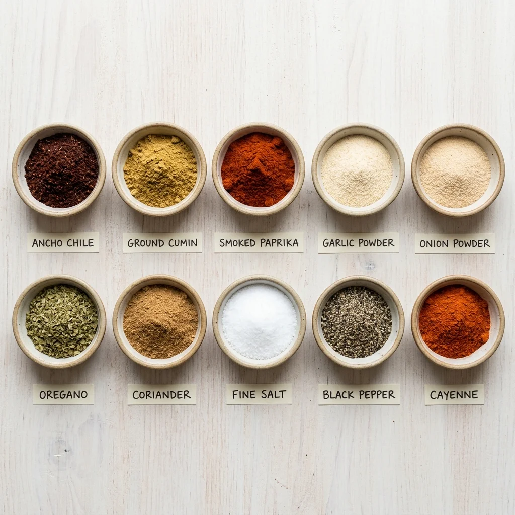  Ten measured spices arranged for an ancho and cumin taco blend