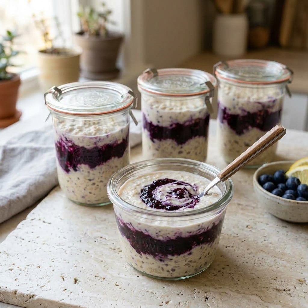 Blueberry chia ripple layered through four overnight oats jars