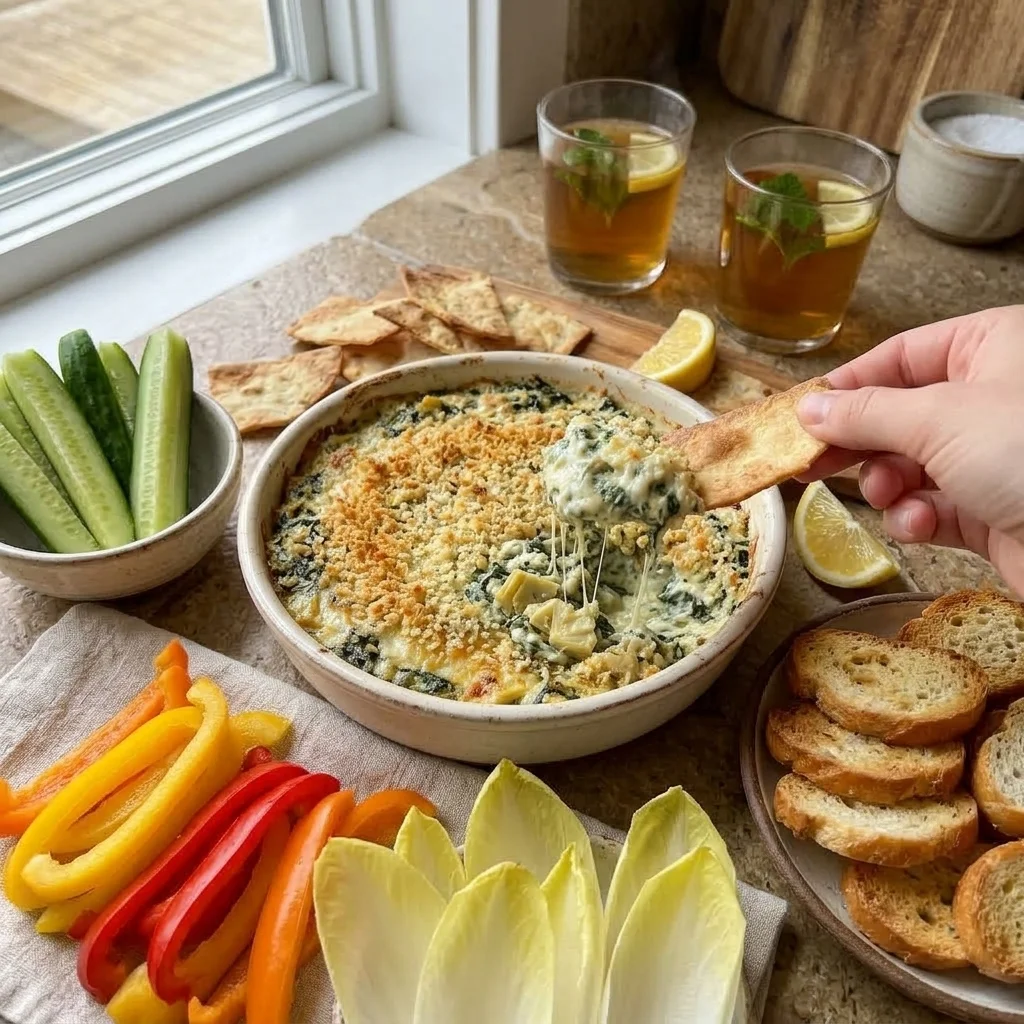 Warm roasted garlic artichoke dip served with pita chips, vegetables, and toast
