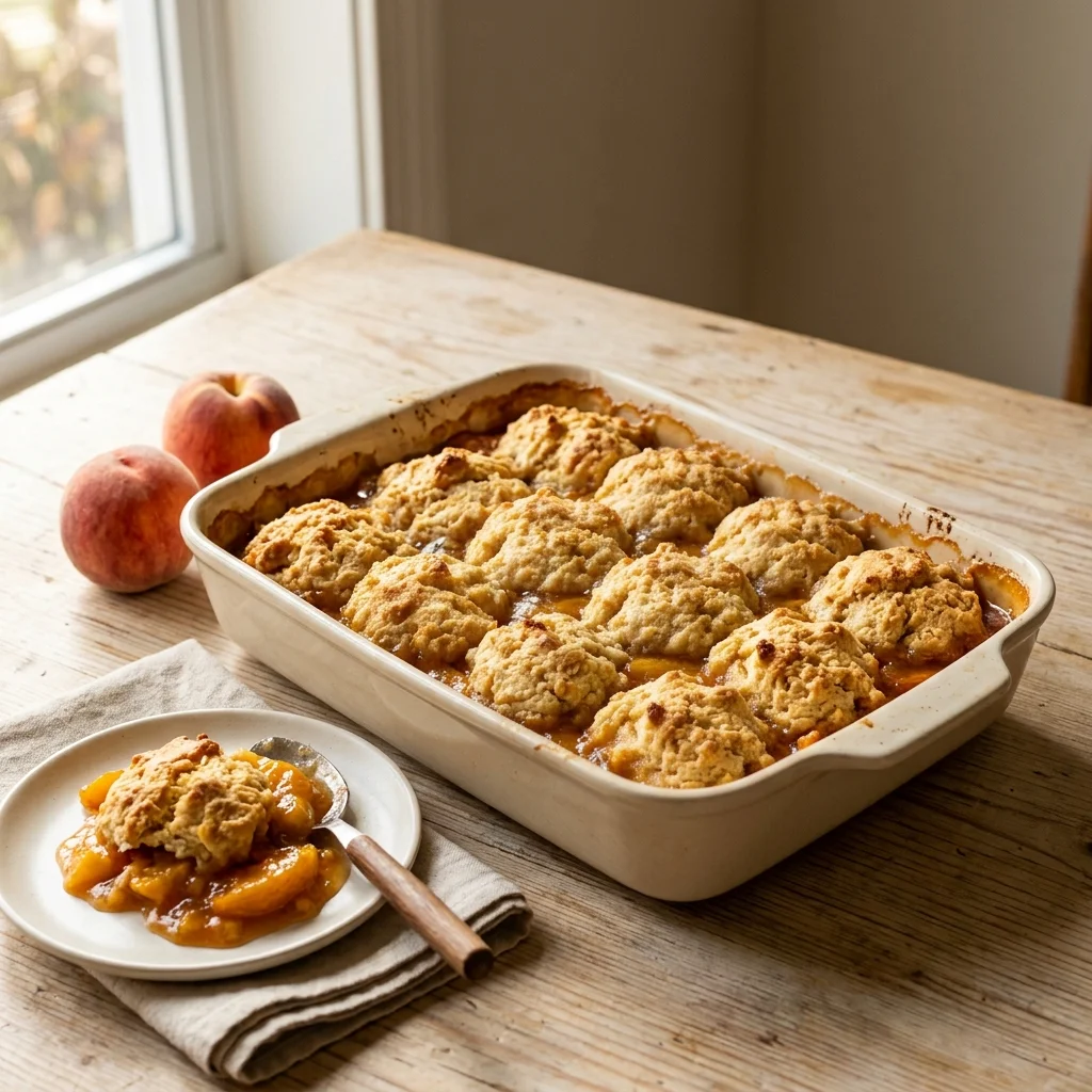 Peach cobbler with browned-butter cornmeal biscuits and glossy fruit filling