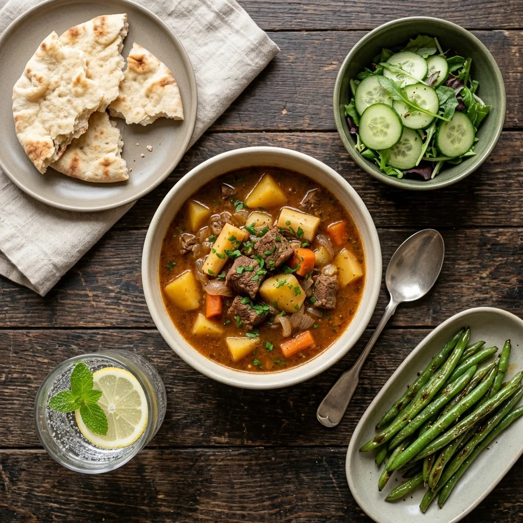 Beef stew served with flatbread, cucumber salad, green beans, and lemon-mint water