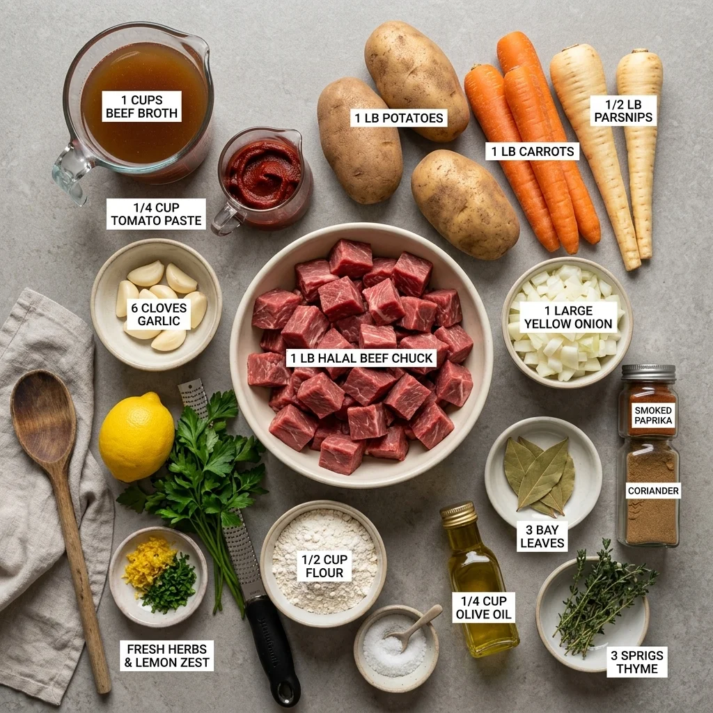 Beef chuck, root vegetables, onions, spices, broth, parsley, and lemon ready for stew