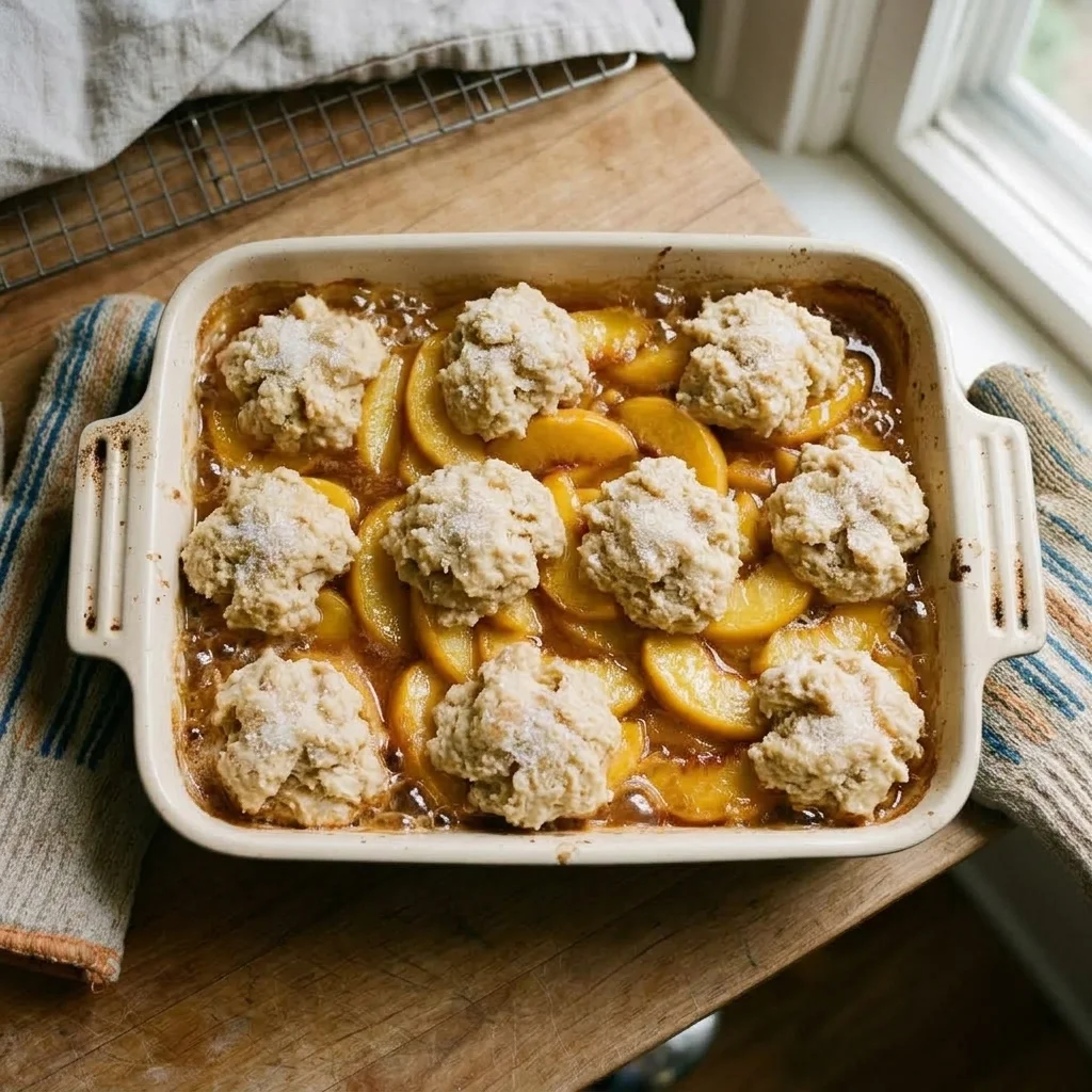 Separate cornmeal biscuit mounds arranged over bubbling peach filling