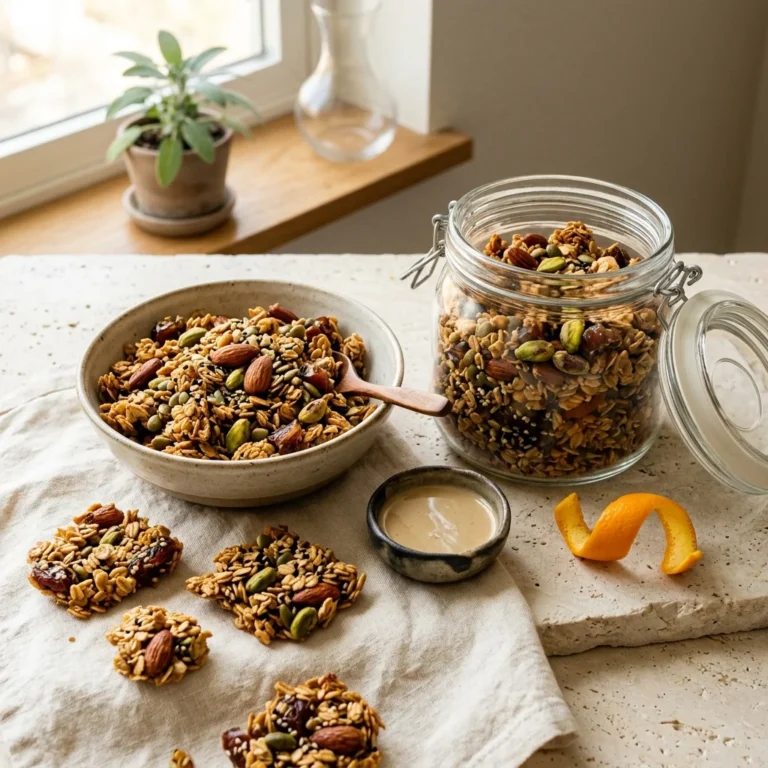 Tahini-orange granola clusters with dates, pistachios, almonds, and pumpkin seeds