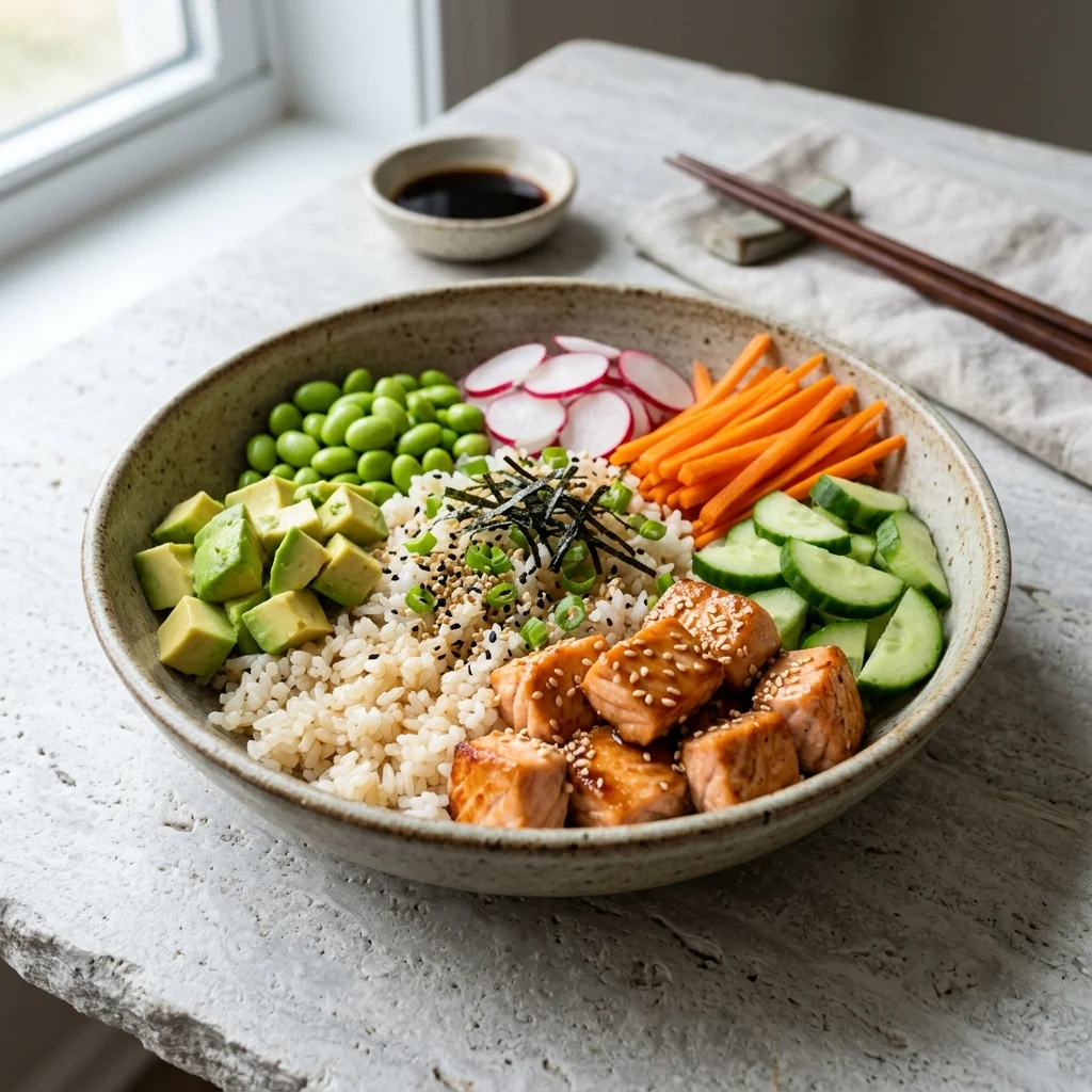 Roasted Salmon Poke Bowl with Ginger-Lime Sesame Sauce