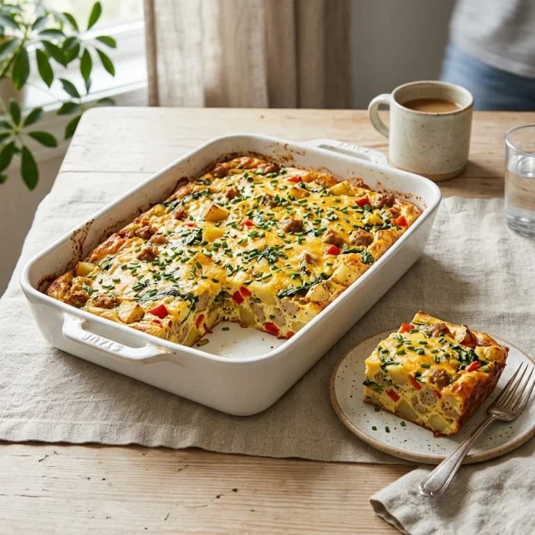 Breakfast casserole with chicken sausage, roasted potatoes, spinach, peppers, and cheddar