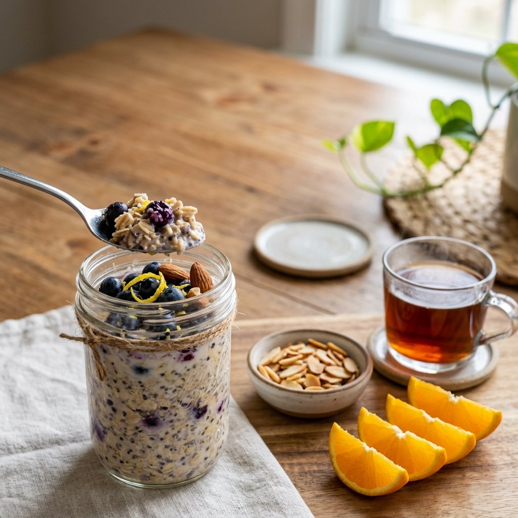 Blueberry overnight oats served with orange, tea, and toasted almonds