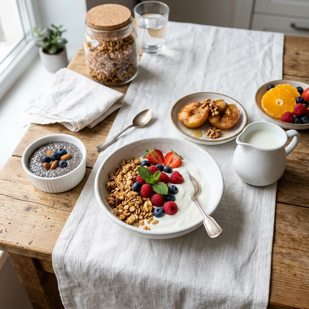 Granola served with yogurt, chia pudding, berries, orange, milk, and baked apples