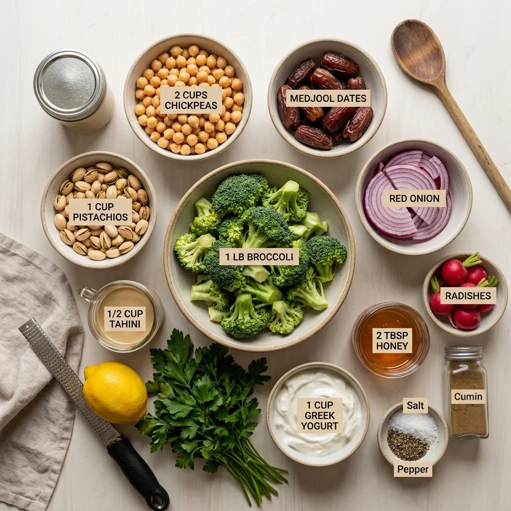 Fresh broccoli, chickpeas, dates, vegetables, pistachios, yogurt, tahini, and lemon prepared for salad
