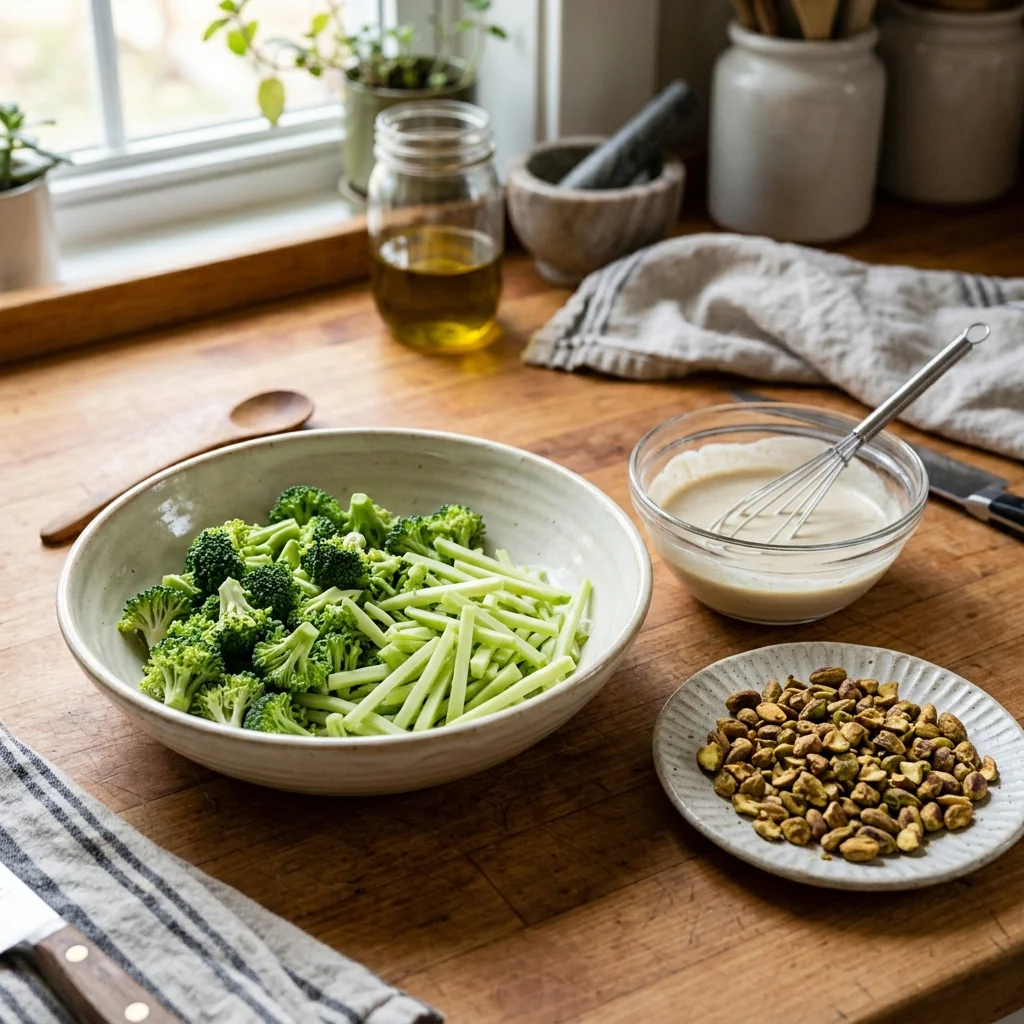 Small broccoli pieces beside lemon-tahini yogurt dressing and freshly toasted pistachios