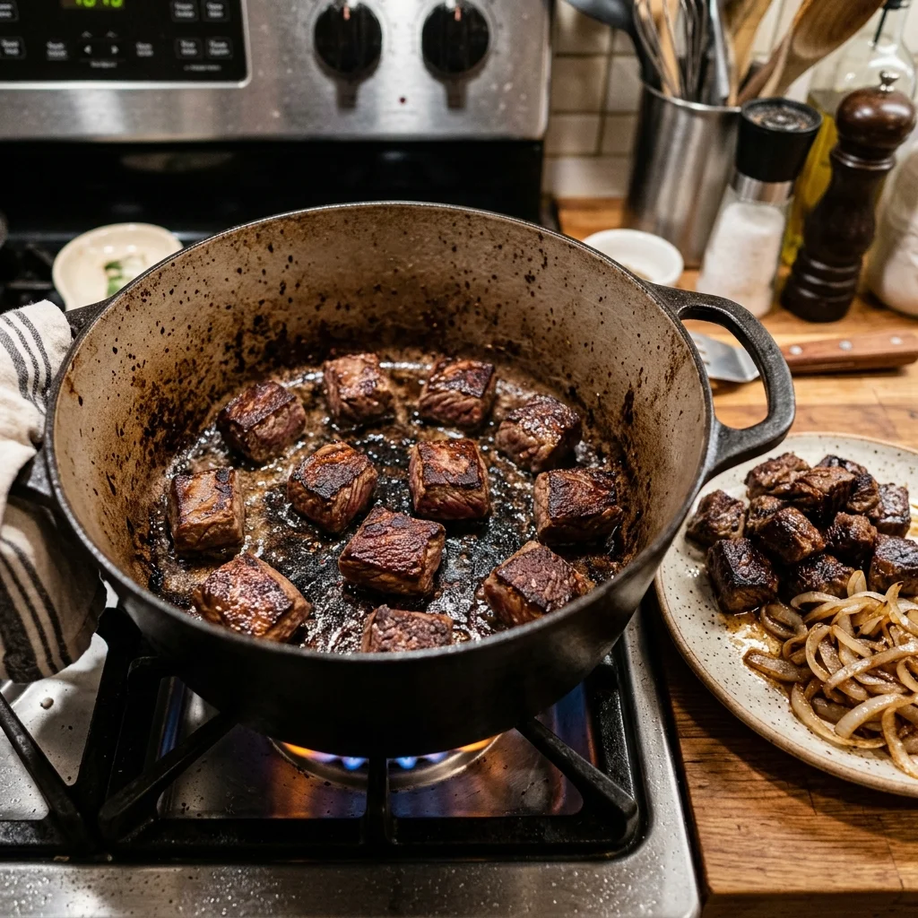 beef chuck browning in small batches inside a heavy stew pot.
