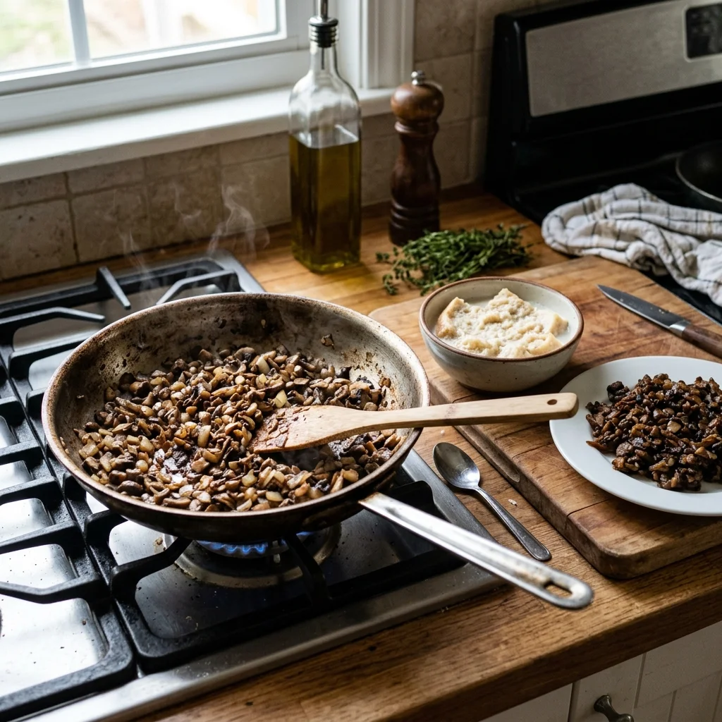 Dry browned mushroom-onion mixture beside milk-soaked bread prepared for meatloaf