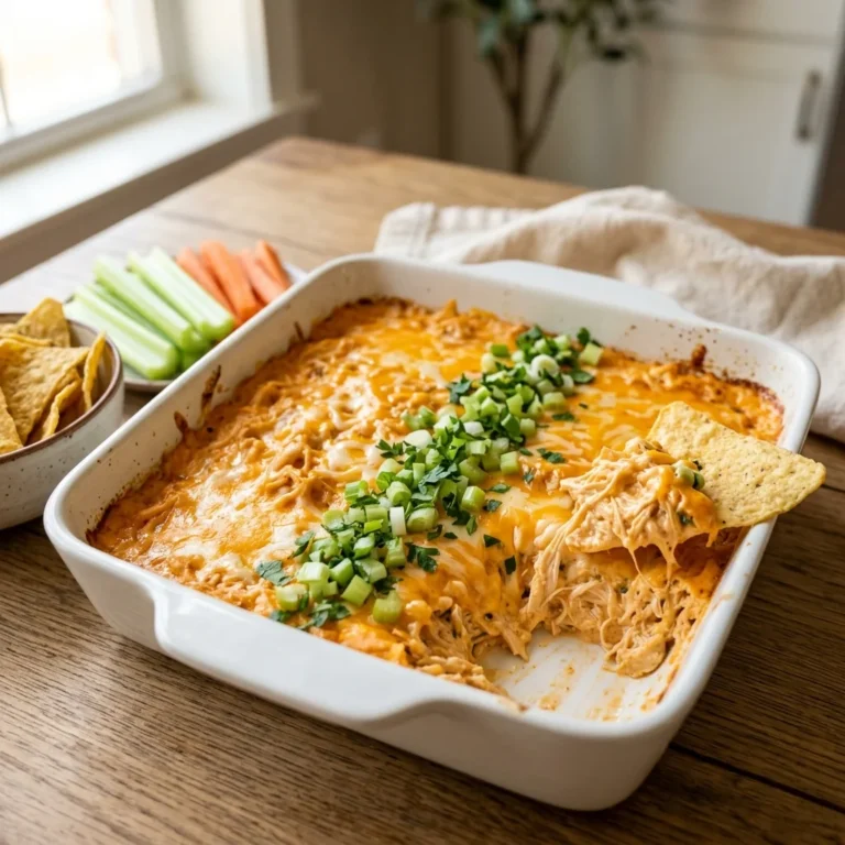 Creamy buffalo chicken dip with melted cheese and fresh celery-scallion crunch