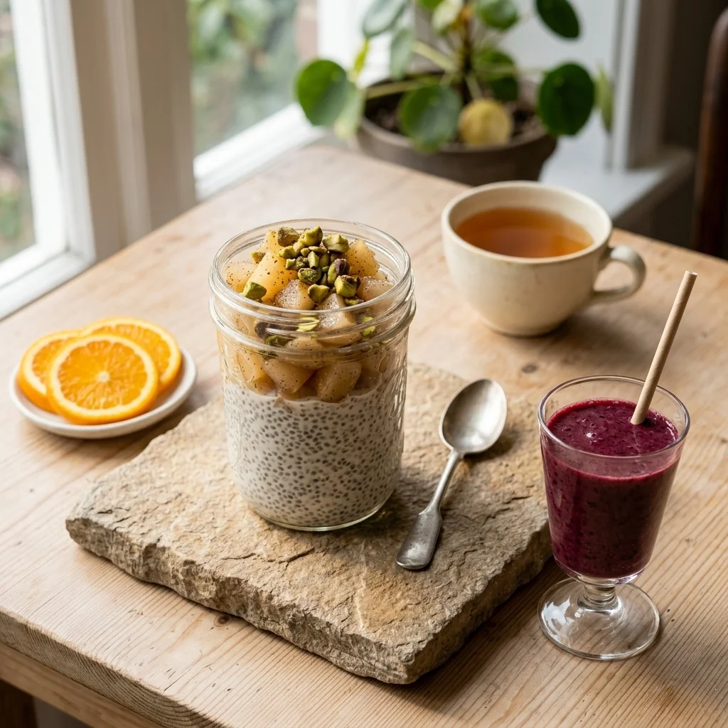 Cardamom pear chia pudding served with a berry smoothie, orange slices, and tea
