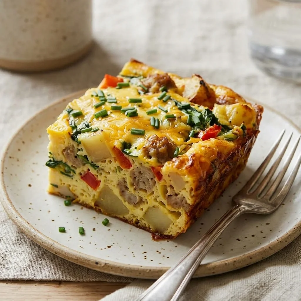 Cut egg casserole square with a firm center, roasted potatoes, vegetables, and melted cheese