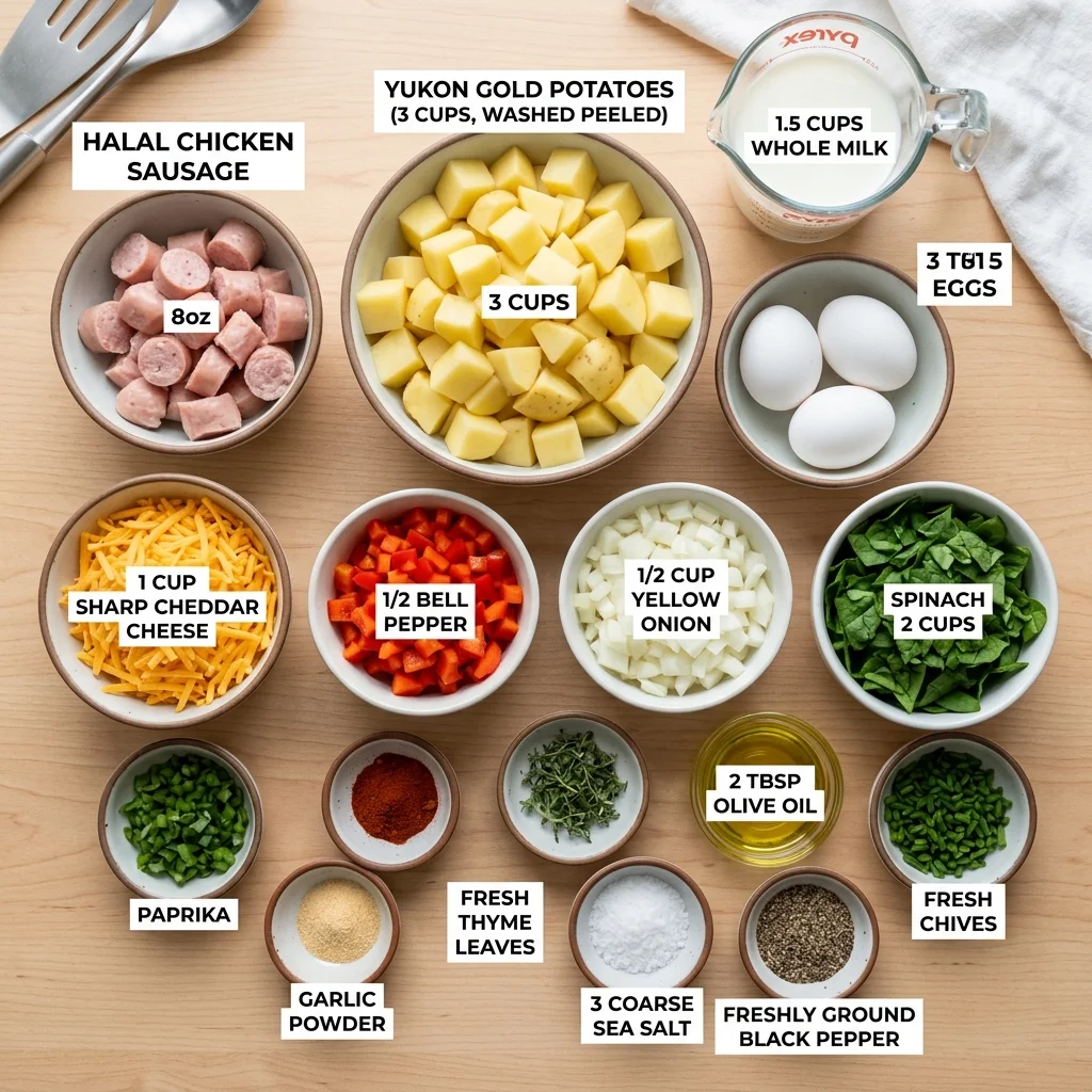 Eggs, halal chicken sausage, potatoes, vegetables, cheese, and seasonings arranged for an egg bake