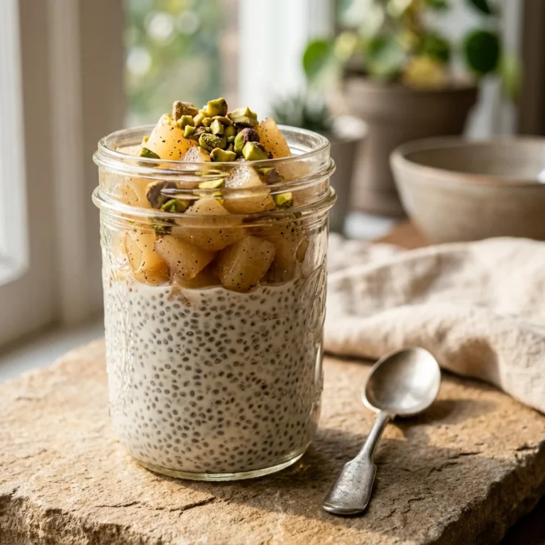 Chia pudding layered with cardamom pears and chopped pistachios in a glass jar