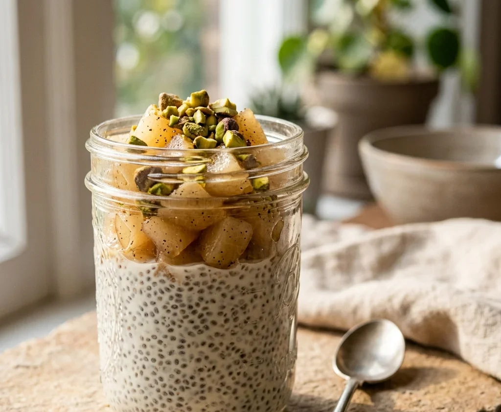 Chia pudding layered with cardamom pears and chopped pistachios in a glass jar