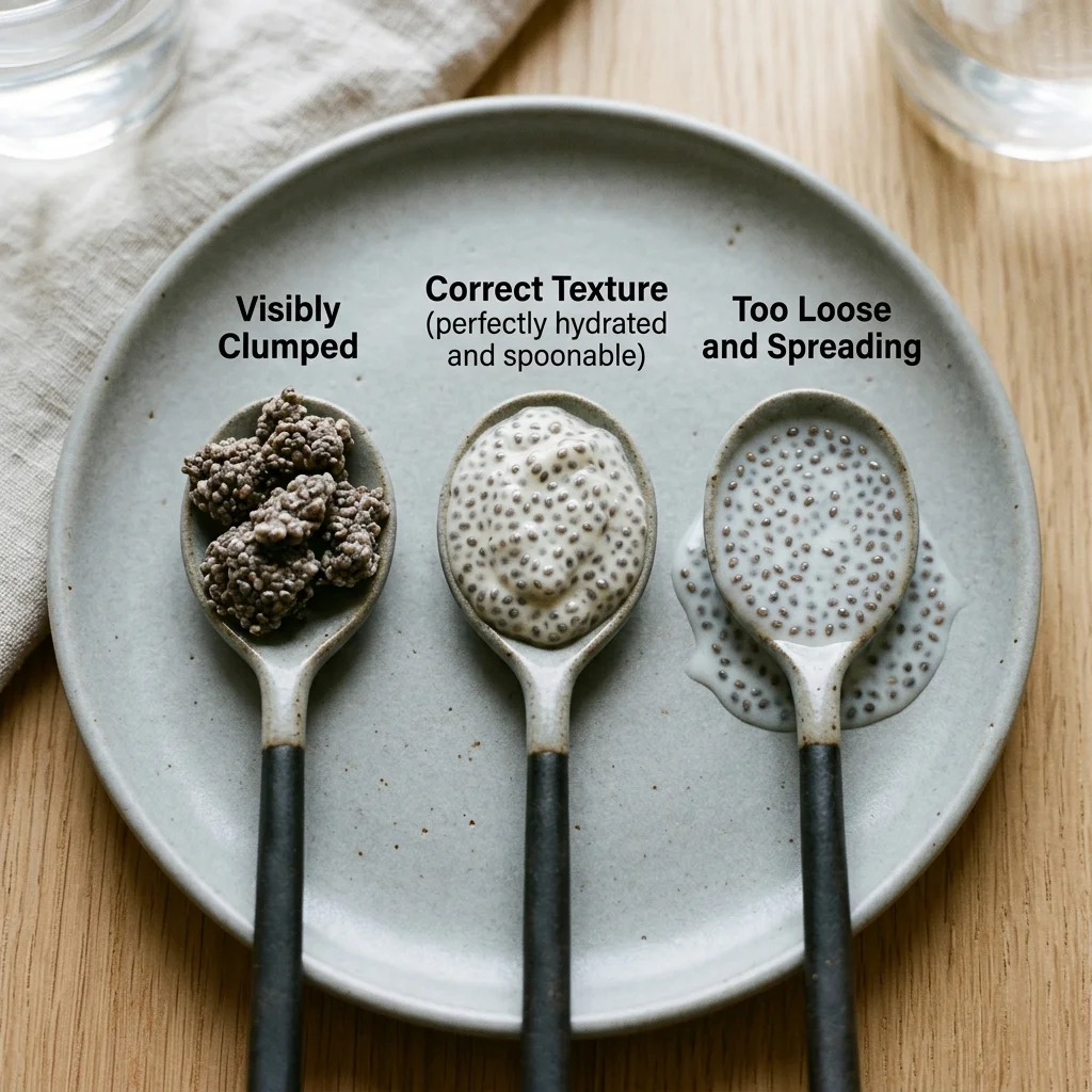 Smooth chia pudding texture compared with clumped and overly thin mixtures