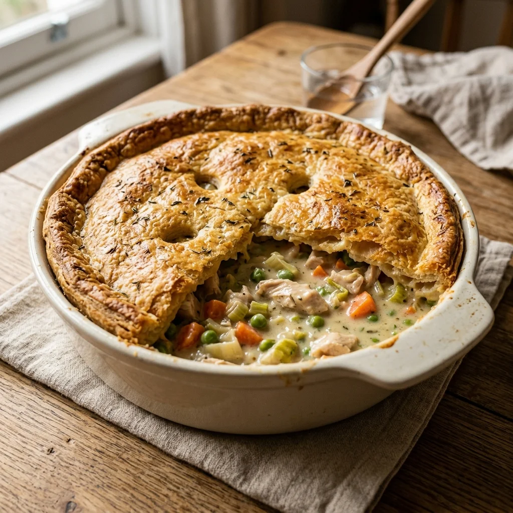 Chicken pot pie in a flaky crust
