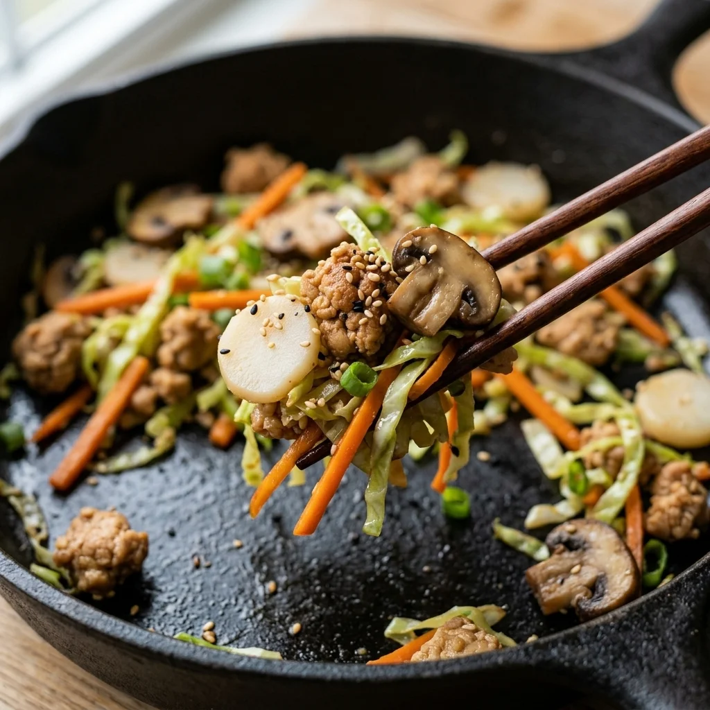 Glossy chicken and crisp vegetables lifted above a skillet with no watery sauce.
