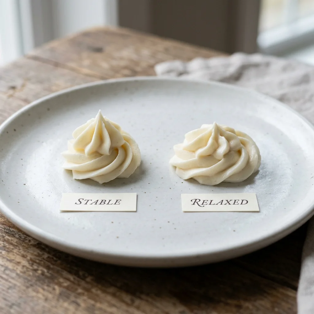 Stable cream cheese frosting swirl beside a softer swirl that needs chilling