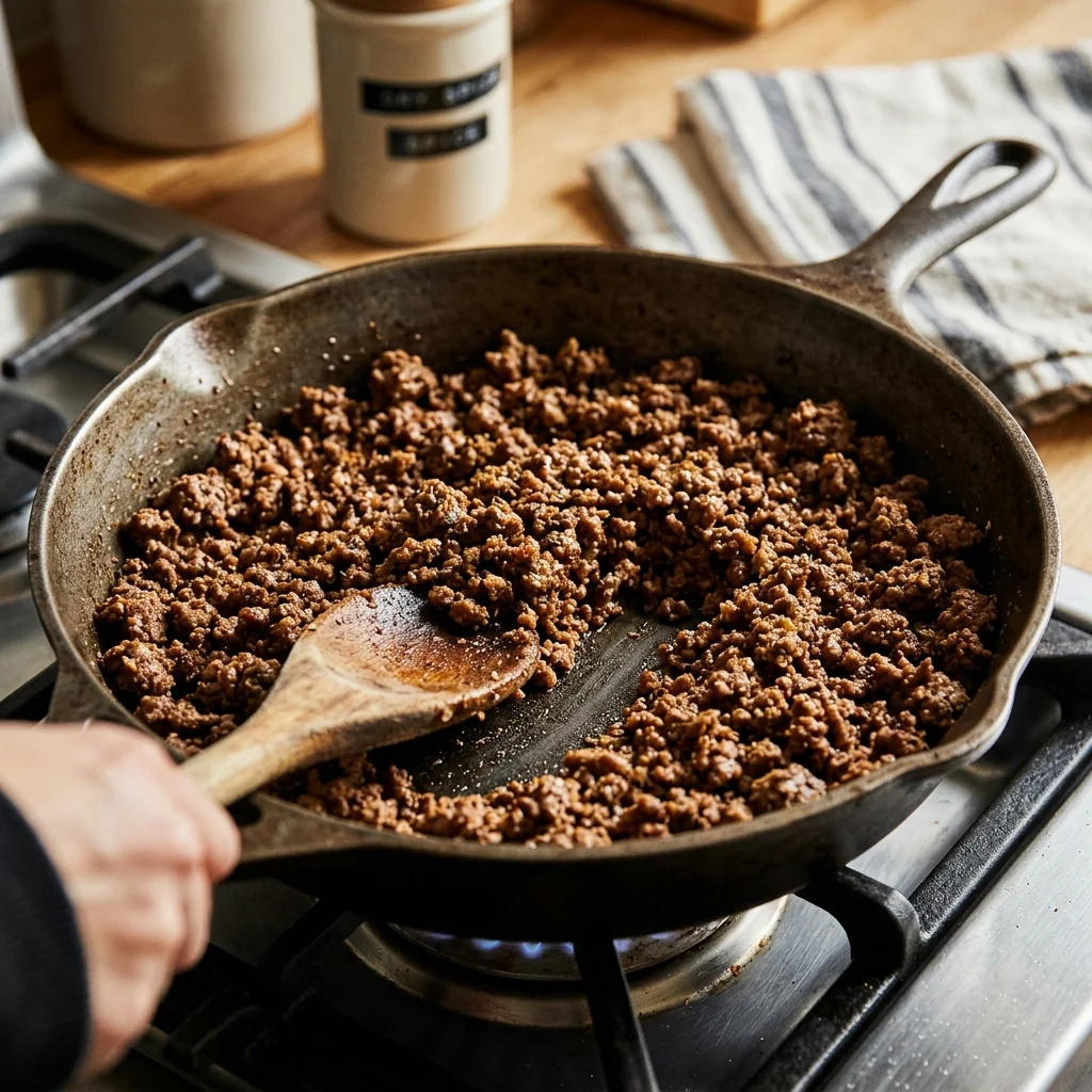 ground beef evenly coated after blooming and simmering the spice blend