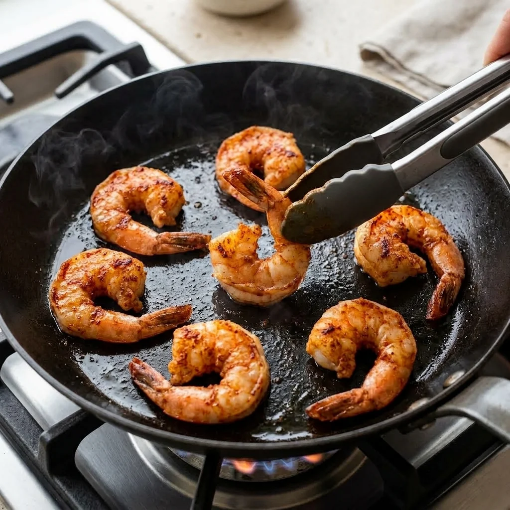 Uncrowded smoky seasoned shrimp cooking in a hot skillet