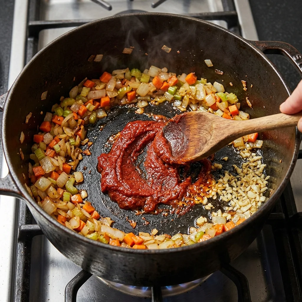Brick-red tomato paste caramelizing beside golden diced vegetables in a heavy pot