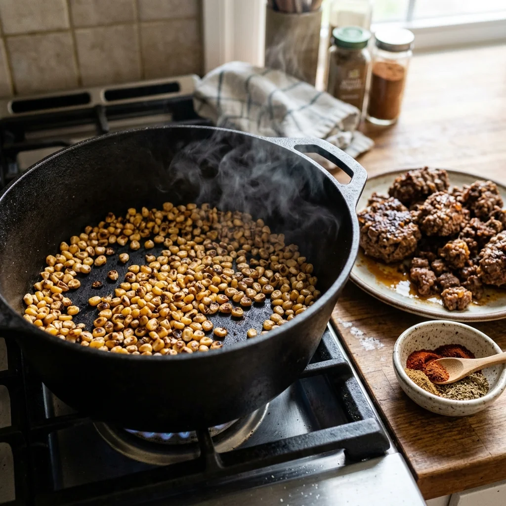 Corn charring in a heavy pot beside browned halal beef and measured taco spices