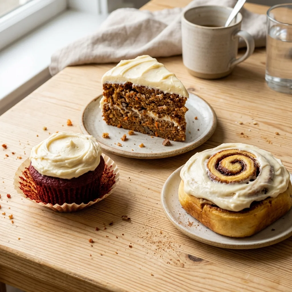 Cream cheese frosting served on carrot cake, a red velvet cupcake, and a cinnamon roll