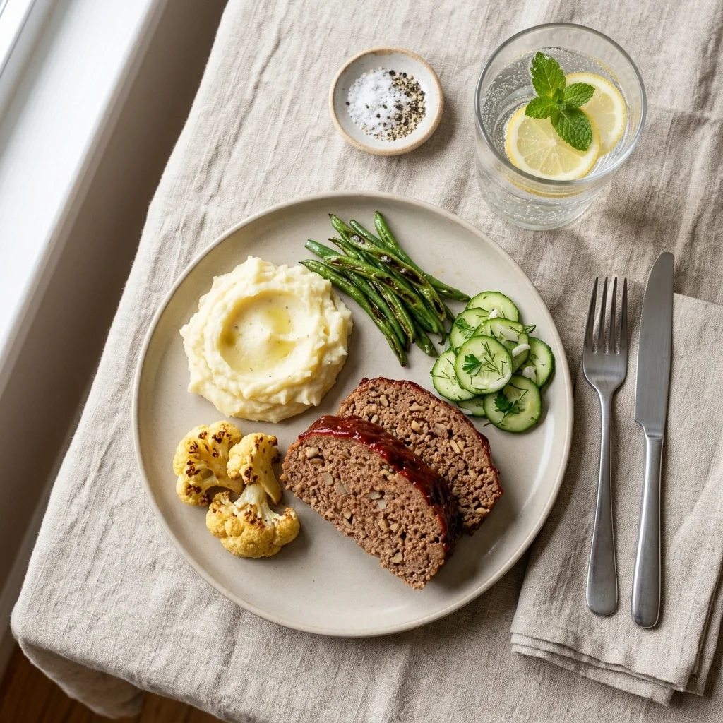 Glazed meatloaf served with mashed potatoes, green beans, cucumber salad, cauliflower, and lemon water