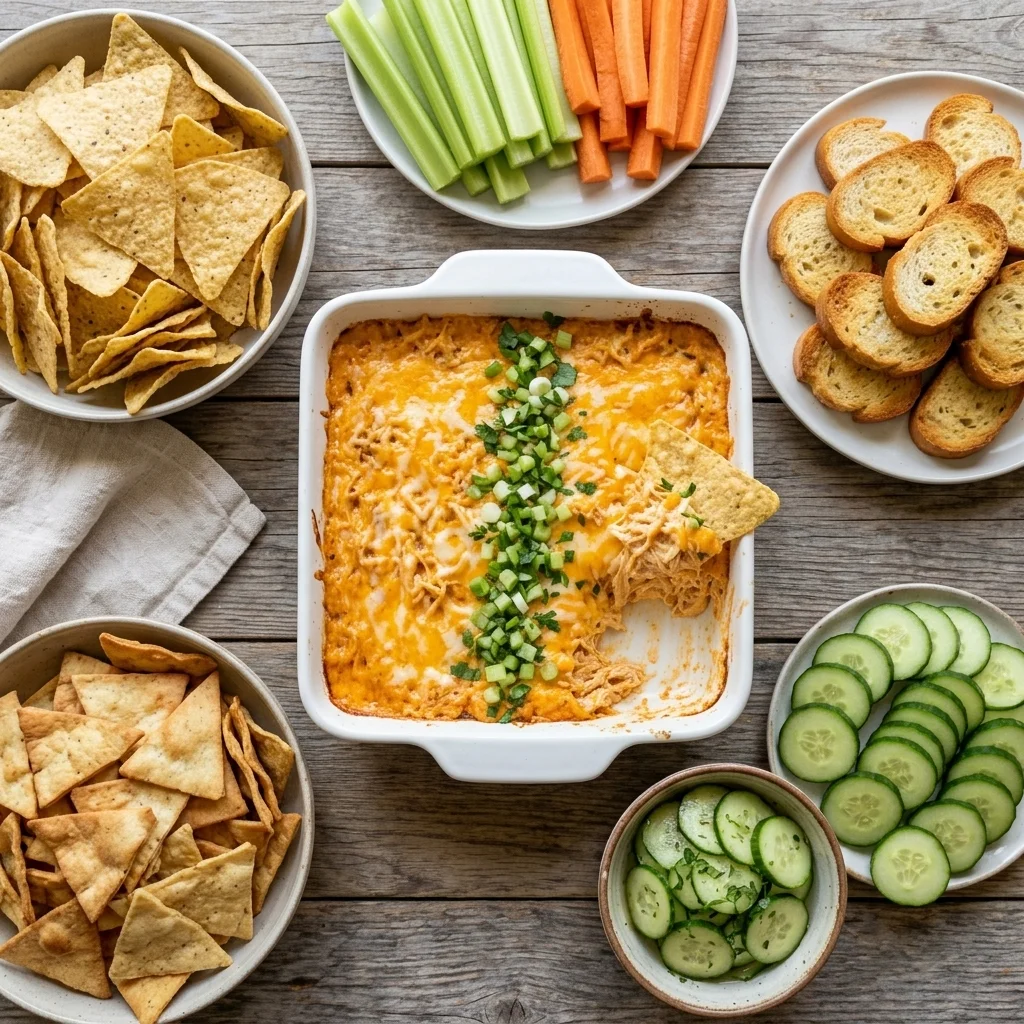Warm buffalo-style chicken appetizer with vegetables, pita chips, tortilla chips, and toast