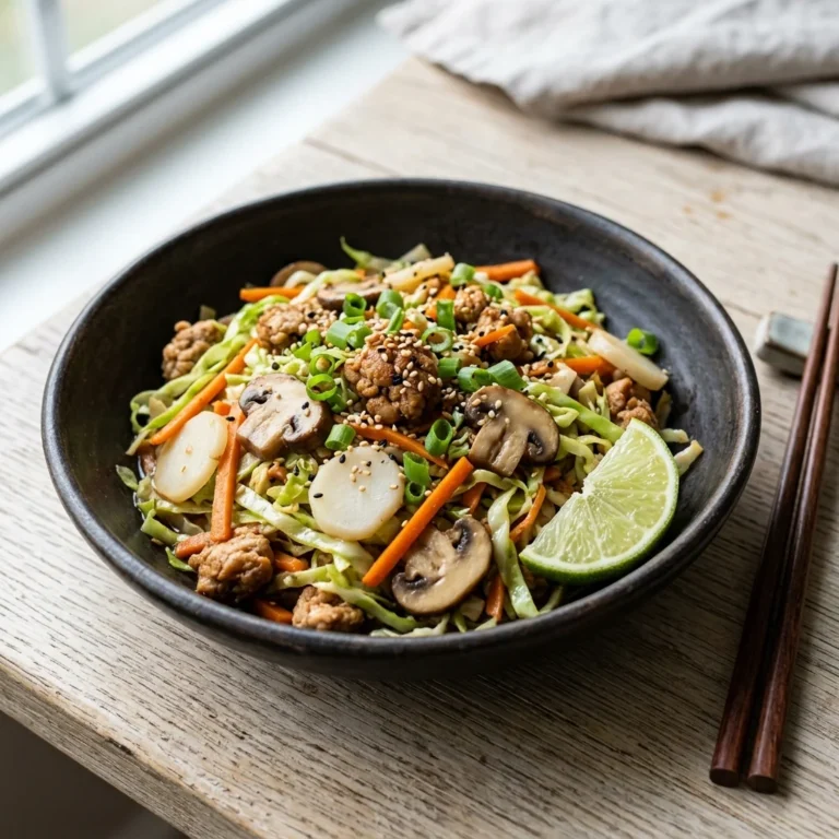 Egg roll in a bowl with halal chicken, cabbage, carrots, mushrooms, water chestnuts, scallions, and sesame